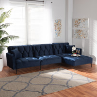 Baxton Studio RDS-S0019L-Navy Blue VelvetBlack-RFC Baxton Studio Galena Contemporary Glam and Luxe Navy Blue Velvet Fabric Upholstered and Black Metal Sectional Sofa with Right Facing Chaise